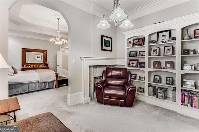 1109 Pine Grove Ave, Brookhaven, GA 30319 - carpeted bedroom featuring ornamental molding, arched walkways, a chandelier, and a fireplace