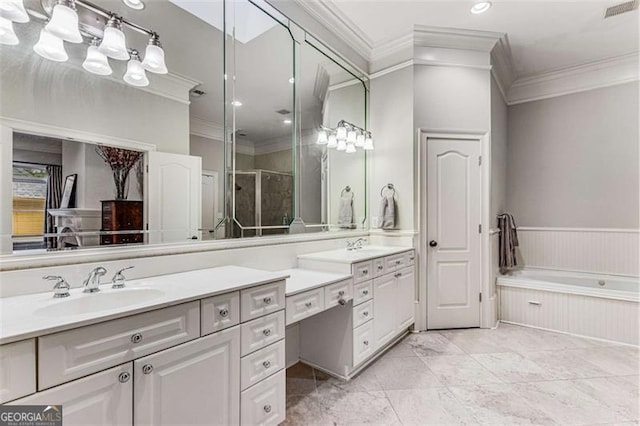 1109 Pine Grove Ave, Brookhaven, GA 30319 - bathroom featuring crown molding, vanity, a shower stall, a garden tub, and recessed lighting