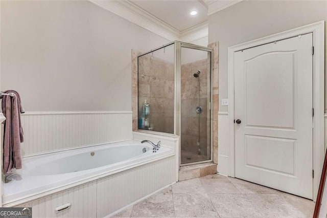 1109 Pine Grove Ave, Brookhaven, GA 30319 - full bathroom featuring crown molding, a bath, a stall shower, and wainscoting