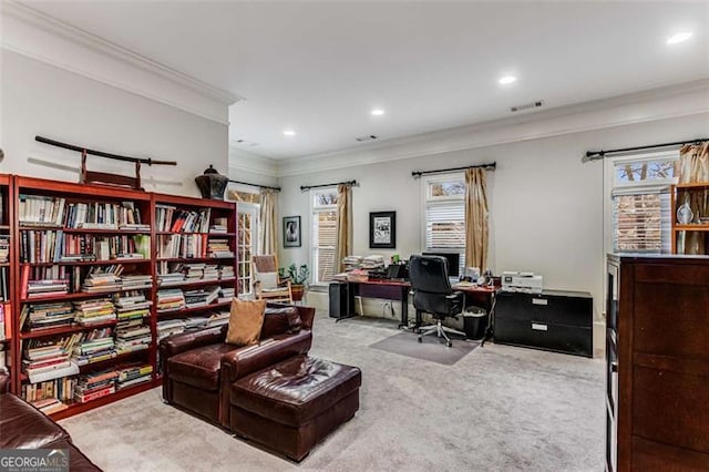1109 Pine Grove Ave, Brookhaven, GA 30319 - home office featuring ornamental molding, carpet flooring, and recessed lighting