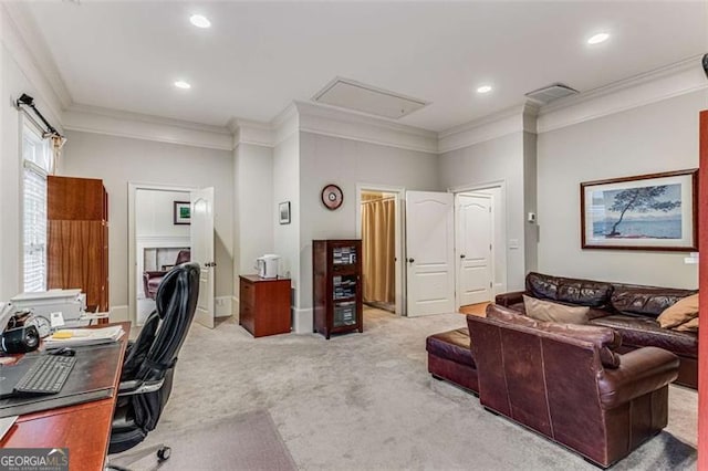 1109 Pine Grove Ave, Brookhaven, GA 30319 - carpeted office space featuring crown molding, attic access, and recessed lighting