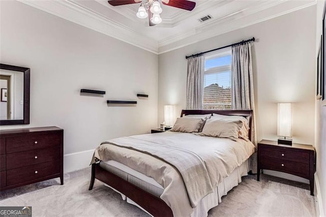 1109 Pine Grove Ave, Brookhaven, GA 30319 - bedroom with light carpet, crown molding, a ceiling fan, and a raised ceiling