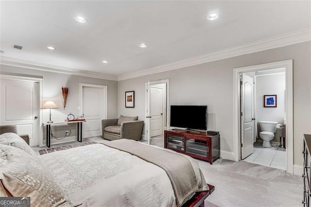 1109 Pine Grove Ave, Brookhaven, GA 30319 - bedroom featuring ornamental molding, light colored carpet, recessed lighting, and connected bathroom