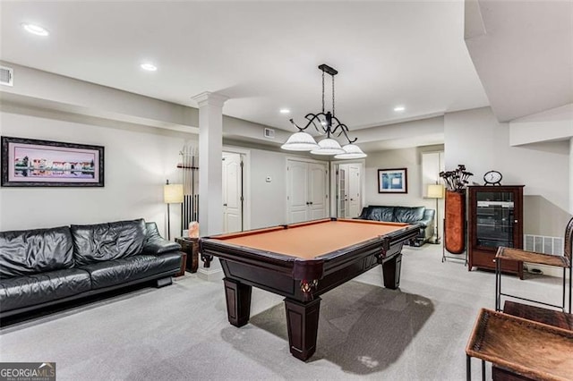 1109 Pine Grove Ave, Brookhaven, GA 30319 - playroom featuring carpet, recessed lighting, billiards, and decorative columns