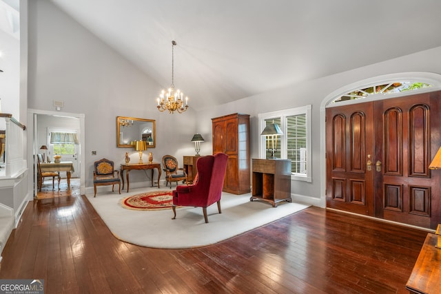 2977 Glover Dr, Cumming, GA 30040 - entryway featuring dark wood-style flooring, a chandelier, and high vaulted ceiling
