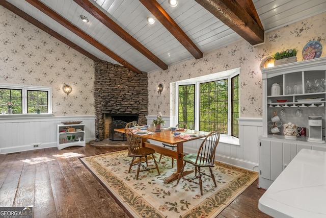 2977 Glover Dr, Cumming, GA 30040 - dining space featuring dark wood finished floors, a wainscoted wall, a stone fireplace, wooden ceiling, and wallpapered walls