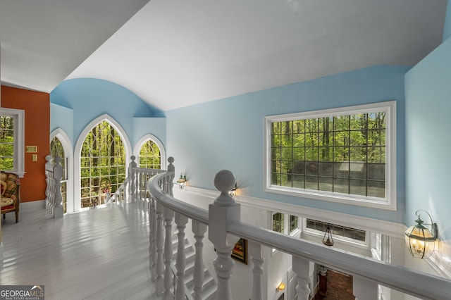 2977 Glover Dr, Cumming, GA 30040 - corridor featuring an upstairs landing and lofted ceiling