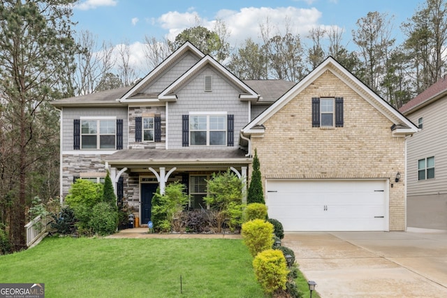 5225 Tye Trl, Fairburn, GA 30213 - craftsman-style home with an attached garage, a front lawn, driveway, and stone siding