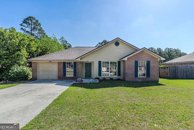ranch-style house with brick siding, concrete driveway, a garage, and fence