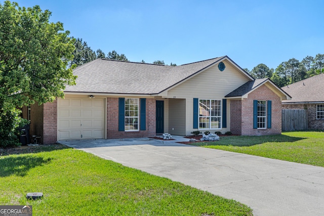ranch-style house featuring a garage, driveway, fence, a front yard, and brick siding
