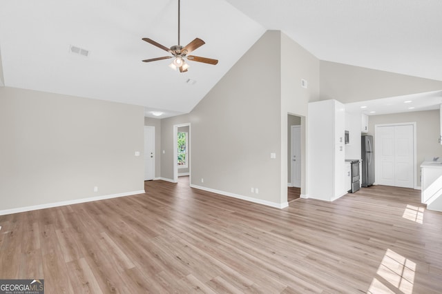 unfurnished living room with visible vents, light wood-type flooring, baseboards, high vaulted ceiling, and ceiling fan