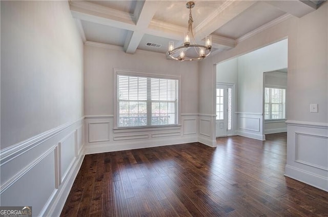 unfurnished dining area featuring dark wood finished floors, visible vents, a chandelier, coffered ceiling, and beamed ceiling