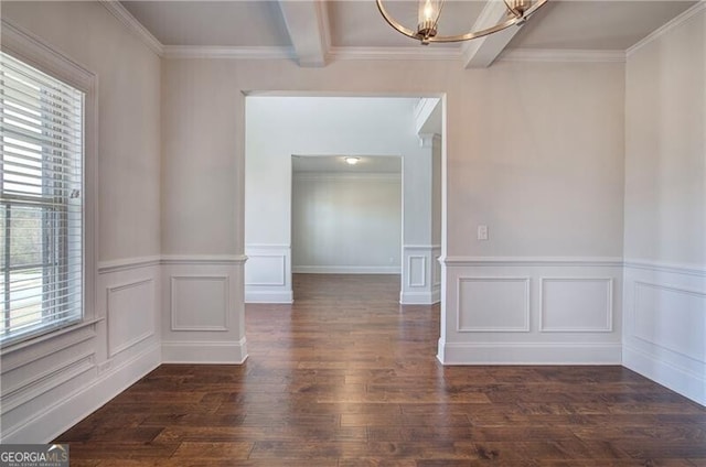 unfurnished dining area featuring a chandelier, plenty of natural light, beam ceiling, and ornamental molding