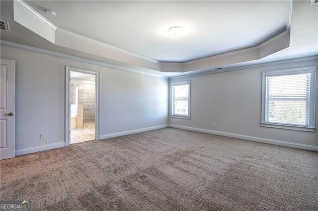 interior space featuring baseboards, ornamental molding, and a raised ceiling