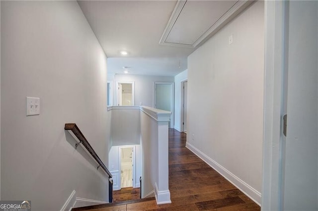 106 Lighthouse Cv SW, Adairsville, GA 30103 - hall featuring an upstairs landing, attic access, dark wood-style floors, and recessed lighting