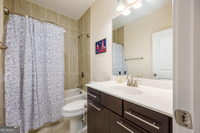 full bath with toilet, shower / tub combo, and vanity