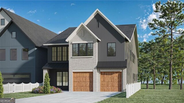 modern inspired farmhouse with fence, a garage, driveway, and a front yard
