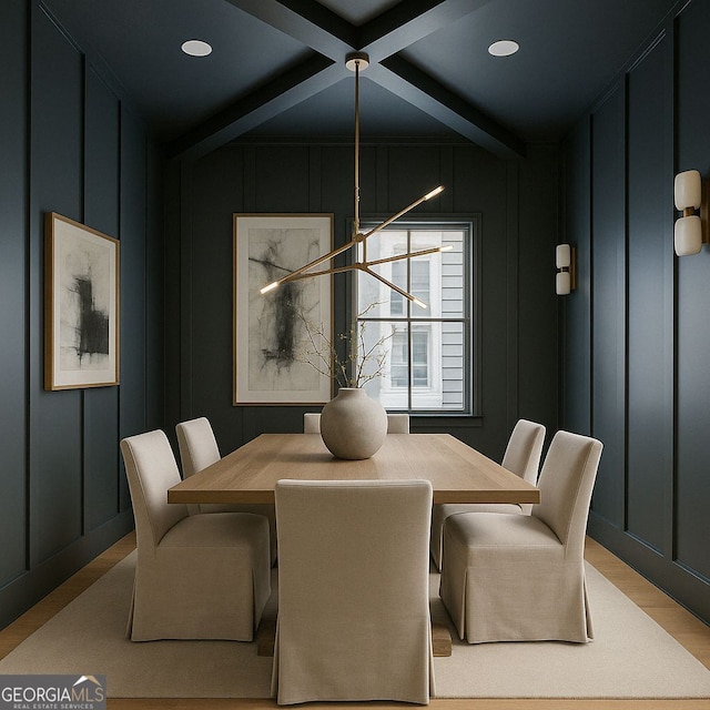 2587 Apple Valley Rd, Brookhaven, GA 30319 - dining space featuring a decorative wall, beamed ceiling, and recessed lighting