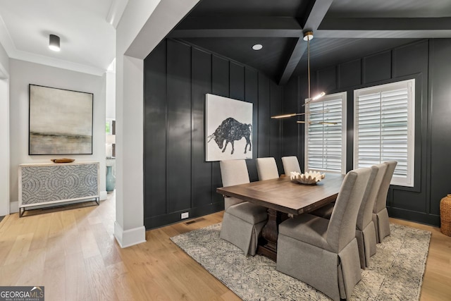 2587 Apple Valley Rd, Brookhaven, GA 30319 - dining space with light wood-style floors, ornamental molding, beamed ceiling, and recessed lighting