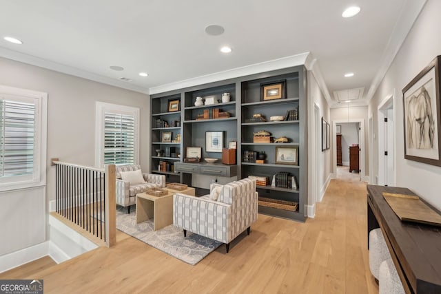 2587 Apple Valley Rd, Brookhaven, GA 30319 - sitting room featuring attic access, light wood-type flooring, recessed lighting, and ornamental molding