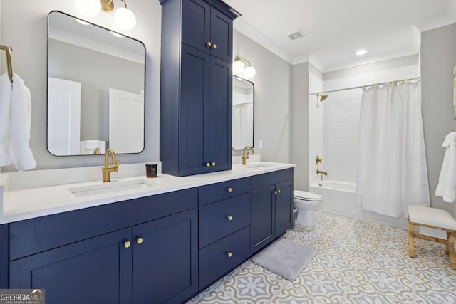 2587 Apple Valley Rd, Brookhaven, GA 30319 - full bath with double vanity, crown molding, shower / bath combo with shower curtain, and tile patterned floors