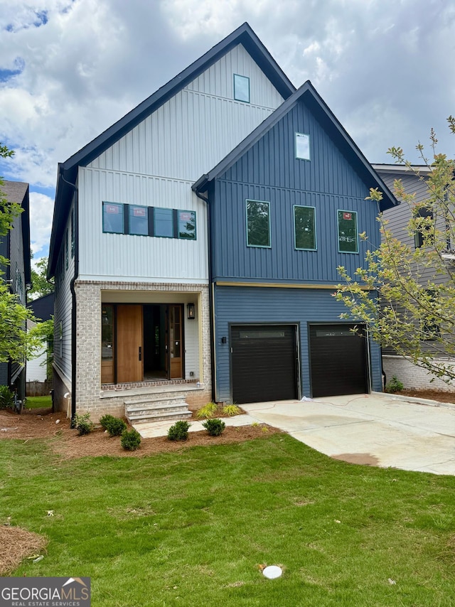 2587 Apple Valley Rd, Brookhaven, GA 30319 - modern inspired farmhouse with a front lawn, driveway, an attached garage, and board and batten siding