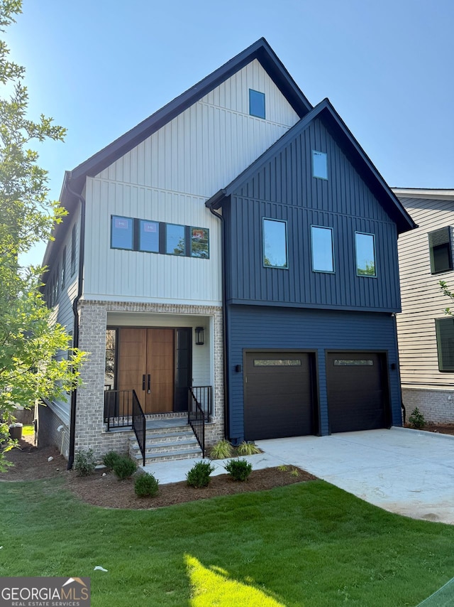2587 Apple Valley Rd, Brookhaven, GA 30319 - modern farmhouse featuring board and batten siding, a front lawn, a garage, and driveway
