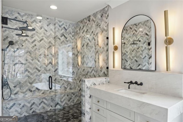 2587 Apple Valley Rd, Brookhaven, GA 30319 - bathroom featuring vanity, a stall shower, and tasteful backsplash