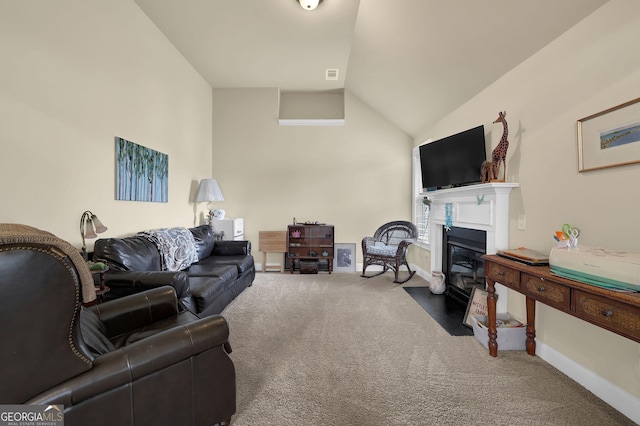 carpeted living room featuring a fireplace with flush hearth, lofted ceiling, visible vents, and baseboards