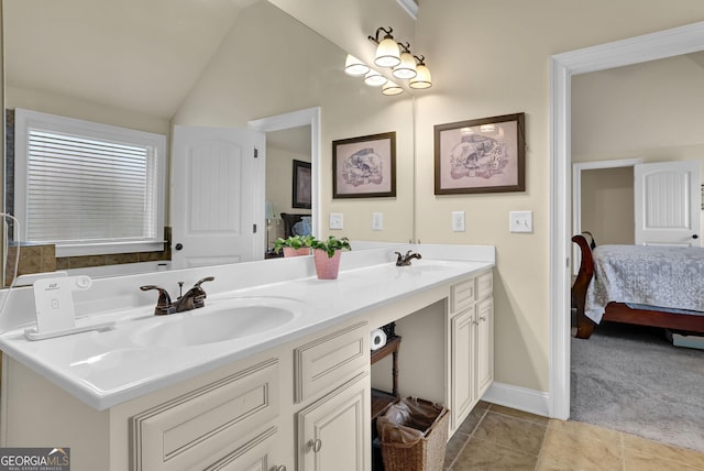 full bath featuring tile patterned floors, vaulted ceiling, a sink, ensuite bath, and double vanity
