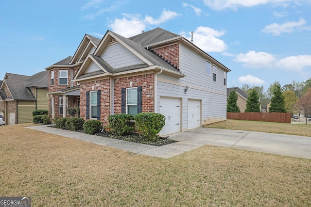 view of front of house with concrete driveway, fence, roof with shingles, a front lawn, and brick siding