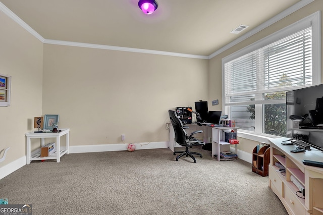 office space with carpet flooring, visible vents, baseboards, and ornamental molding