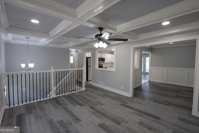 3363 Wesley Chapel Rd, Decatur, GA 30034 - unfurnished room featuring visible vents, beamed ceiling, dark wood-type flooring, ceiling fan with notable chandelier, and coffered ceiling