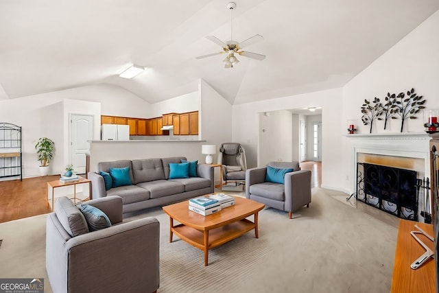 57 Sorghum Ct, Dallas, GA 30157 - living area with lofted ceiling, a ceiling fan, and a fireplace with flush hearth