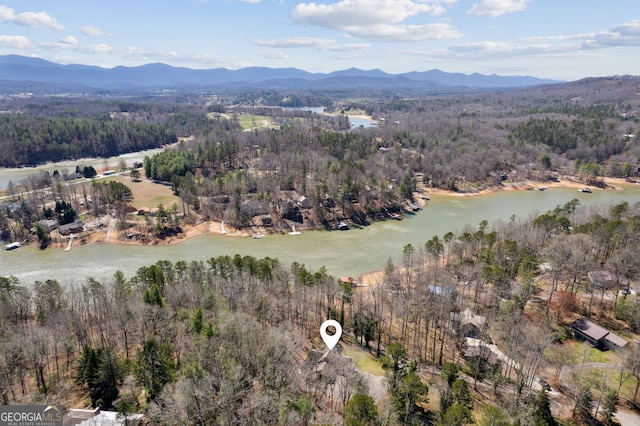bird's eye view featuring a water and mountain view and a view of trees