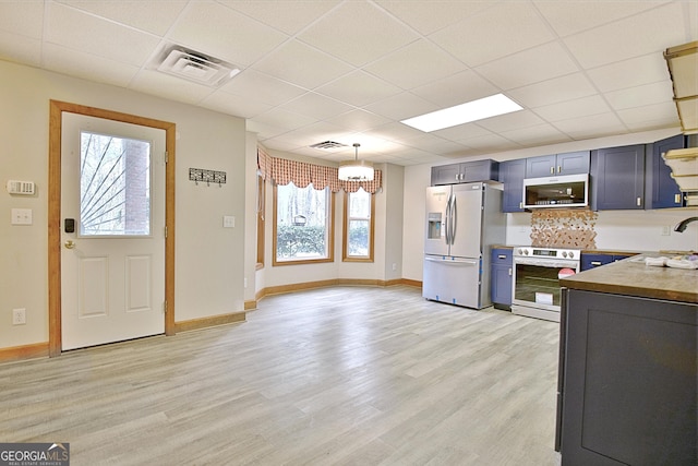 kitchen featuring stainless steel appliances, tasteful backsplash, visible vents, light wood-style flooring, and baseboards