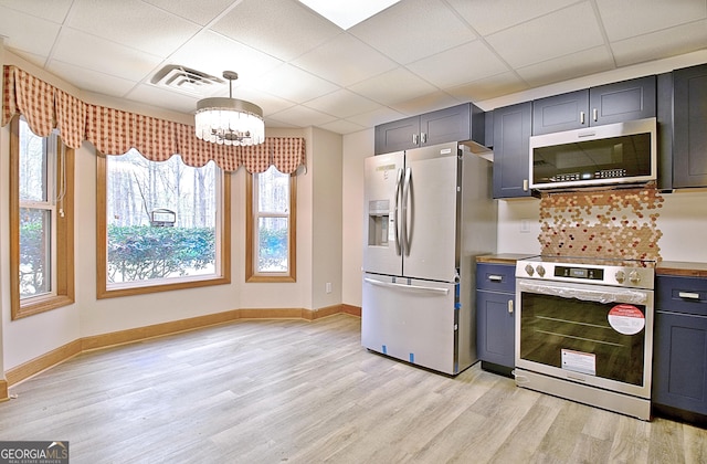 kitchen featuring visible vents, light wood-style flooring, stainless steel appliances, and baseboards