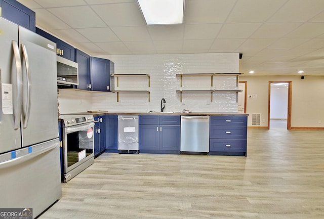 kitchen featuring open shelves, stainless steel appliances, blue cabinetry, and light wood finished floors