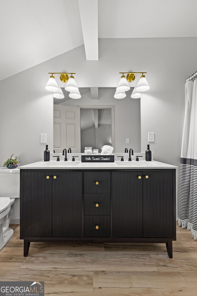 5697 Yatesville Hwy, Yatesville, GA 31097 - bathroom with toilet, double vanity, wood finished floors, and lofted ceiling with beams