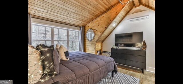 bedroom featuring wooden ceiling, a wall mounted air conditioner, vaulted ceiling, and wood finished floors