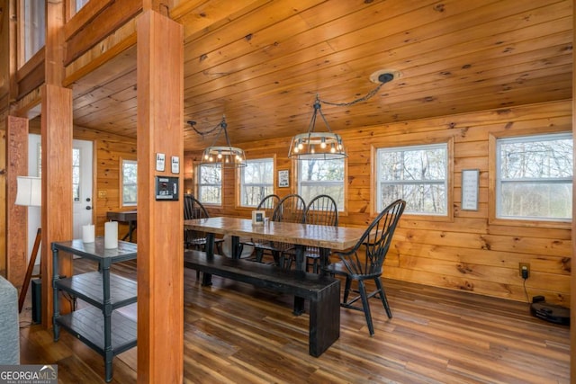dining space featuring wood ceiling, wood walls, and wood finished floors