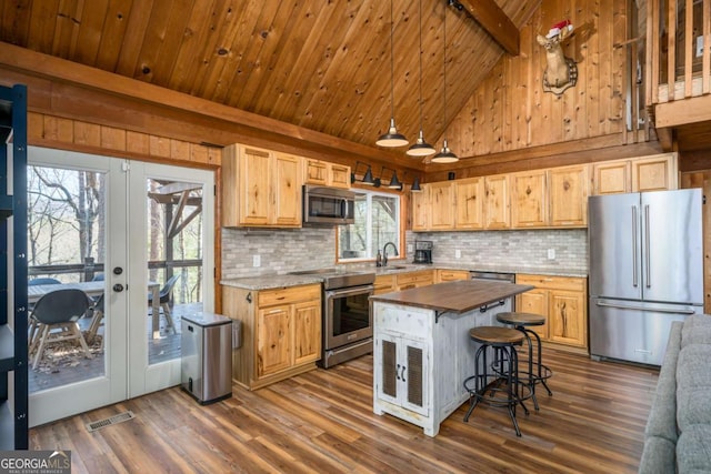 kitchen with dark wood-style flooring, french doors, stainless steel appliances, and wood ceiling