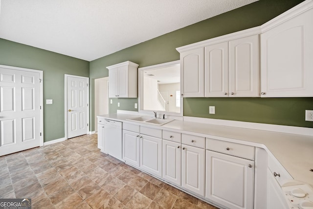 258 Venture Path, Hiram, GA 30141 - kitchen with a sink, dishwasher, white cabinets, light countertops, and baseboards