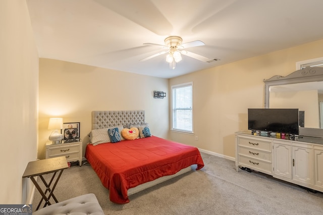 3450 Long Lake Dr, Douglasville, GA 30135 - bedroom with visible vents, light colored carpet, baseboards, and a ceiling fan