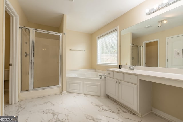 3450 Long Lake Dr, Douglasville, GA 30135 - bathroom with a bath, vanity, visible vents, marble finish floor, and a stall shower