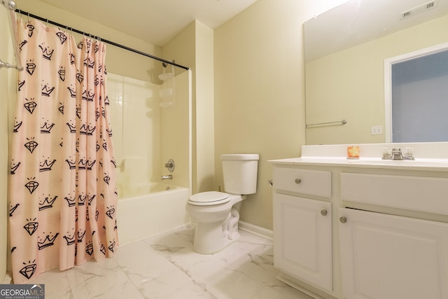 3450 Long Lake Dr, Douglasville, GA 30135 - full bath featuring vanity, shower / bath combination with curtain, toilet, visible vents, and marble finish floor