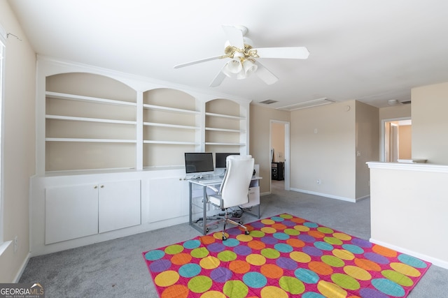 3450 Long Lake Dr, Douglasville, GA 30135 - unfurnished office with baseboards, built in features, carpet flooring, a ceiling fan, and visible vents