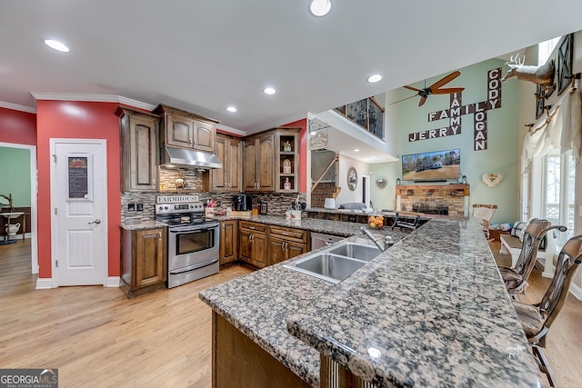 kitchen featuring a sink, stainless steel range with electric cooktop, ceiling fan, under cabinet range hood, and ornamental molding