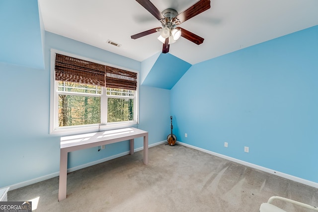 bonus room featuring carpet, visible vents, a ceiling fan, and baseboards