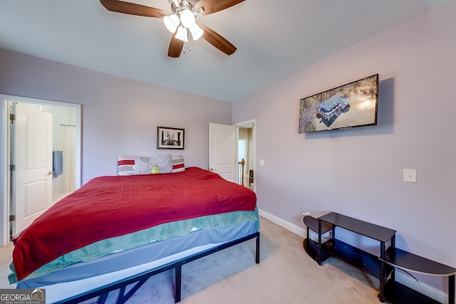 bedroom featuring ceiling fan, baseboards, and carpet